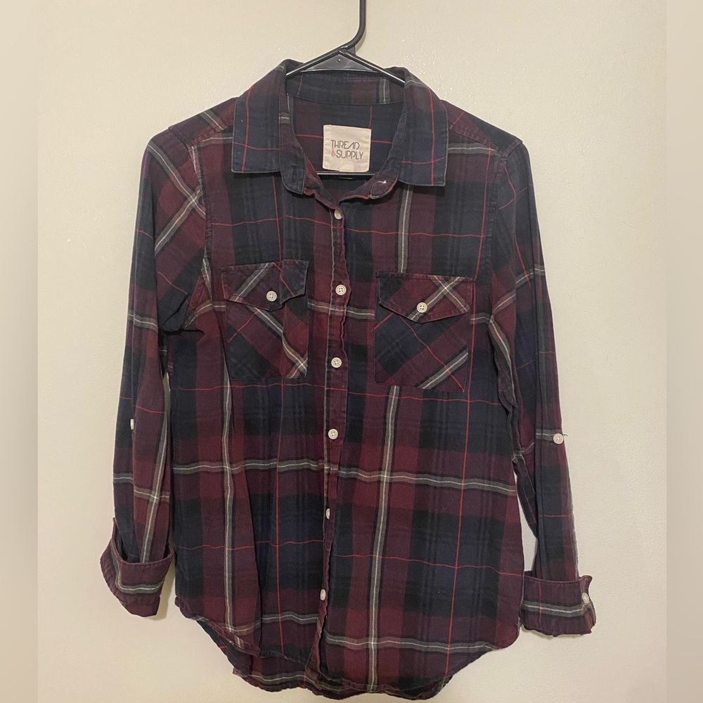 Maroon and Black Plaid Button Down Shirt / Women’s S